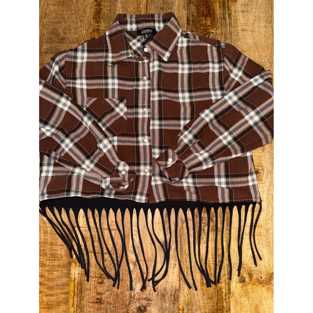 La La Land Creative Co Nashville Plaid Fringe Flannel Shirt Brown Kids Medium